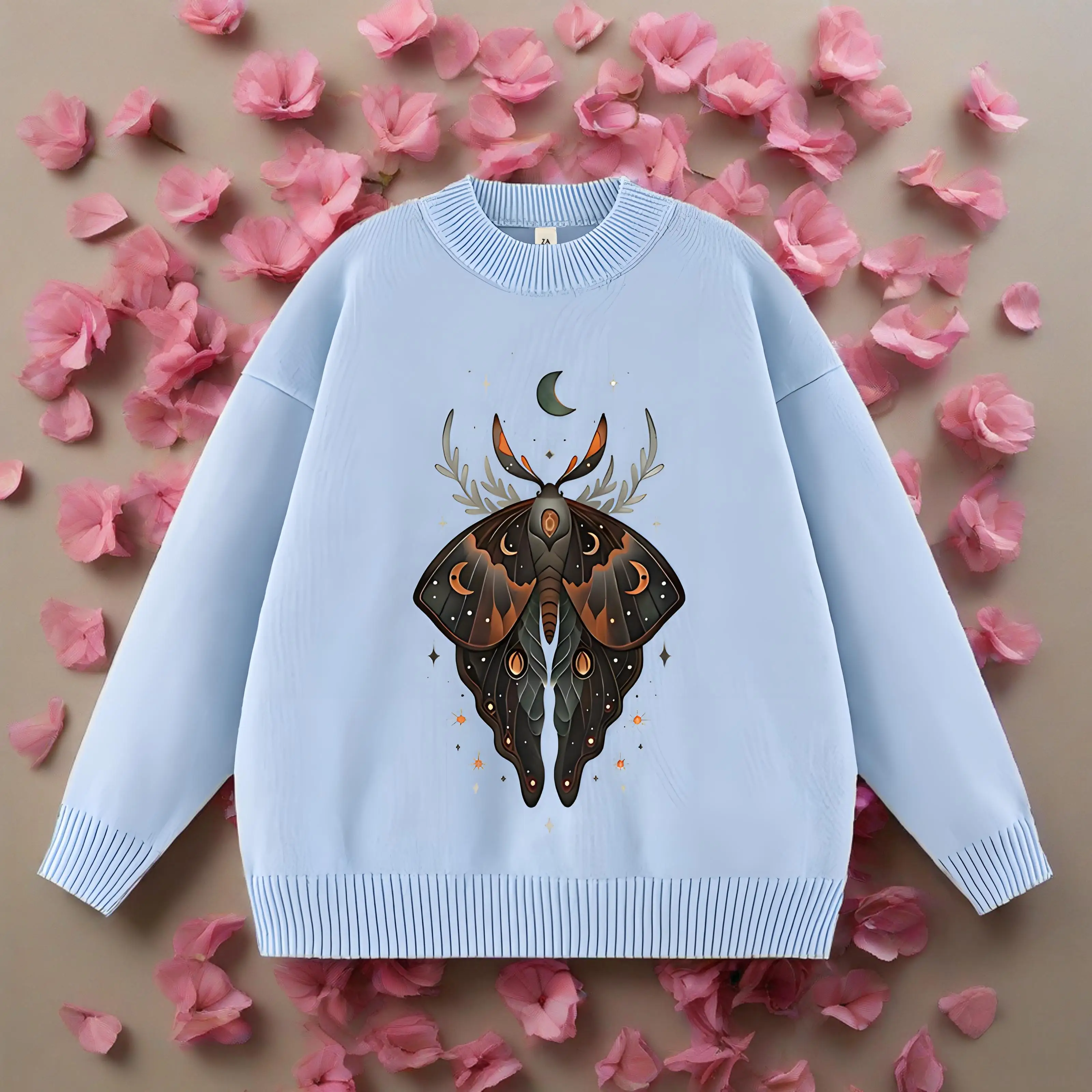 

Fashion Long Sleeve Crew Neck Pullover Creative Moth Pattern Printed Knitted Sweater Y2K Harajuku Aesthetics Warm Women Knitwear