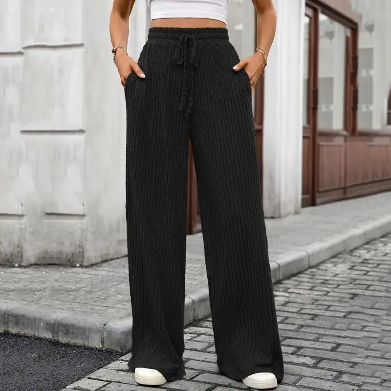 Y3NE Pantalones chándal punto acanalados texturizados para mujer, pantalones suéter sueltos pierna ancha con con