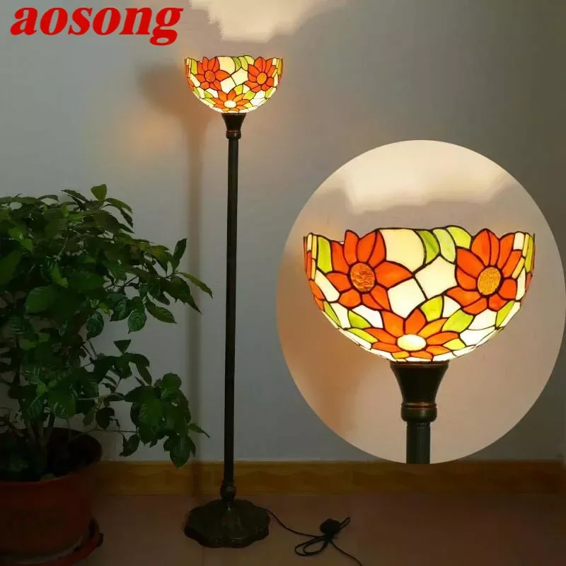 AOSONG Tiffany Floor Lamp American Retro Living Room Bedroom Lamp Country  Stained Glass Floor Lamp