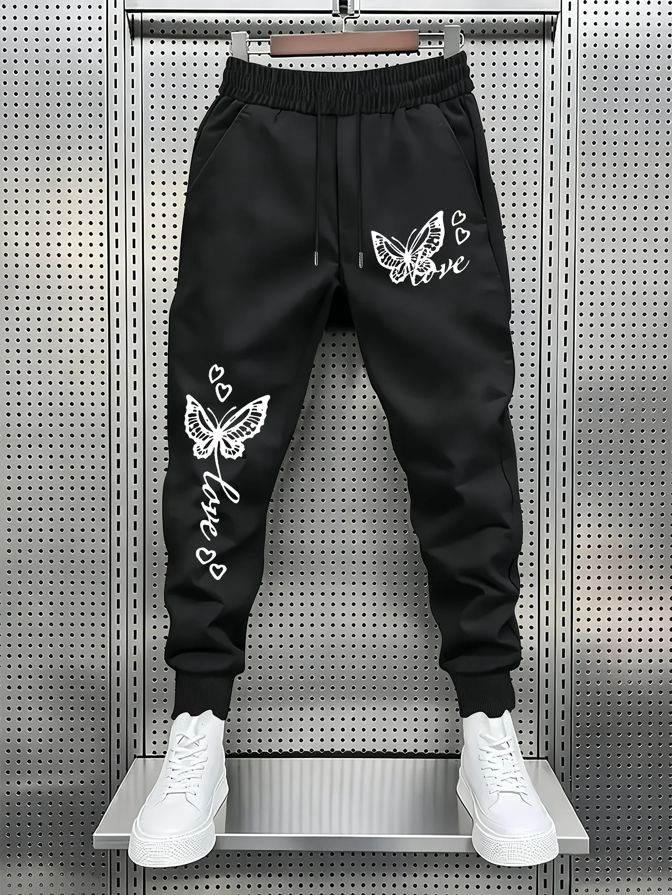 Sweet‑trendy butterfly love heart script graphic art print street‑style dual‑side sweatpants men hip hop sports jogger trousers