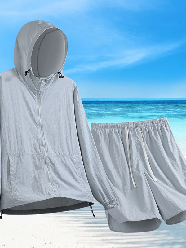 

Летний тонкий комплект из двух предметов: быстросохнущая толстовка из ледяного шелка и шорты для молодежи, повседневный спортивный стиль, для активного отдыха, защита от солнца