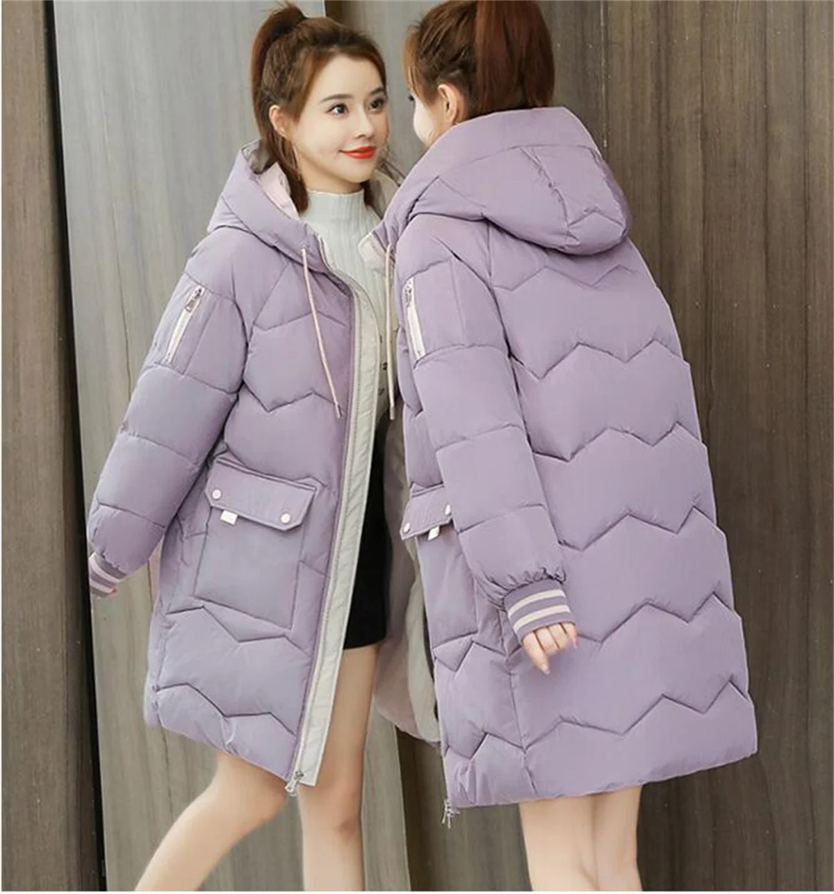 Women Winter Mid-length Quilted Coat Hooded Overcoat Thick Warm Jackets Contrast Pockets Fashion Parkas Casual Loose Down Jacket