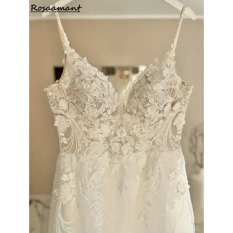 Simples alças de espaguete sem mangas a linha vestidos de casamento ilusão apliques rendas vestido de noiva