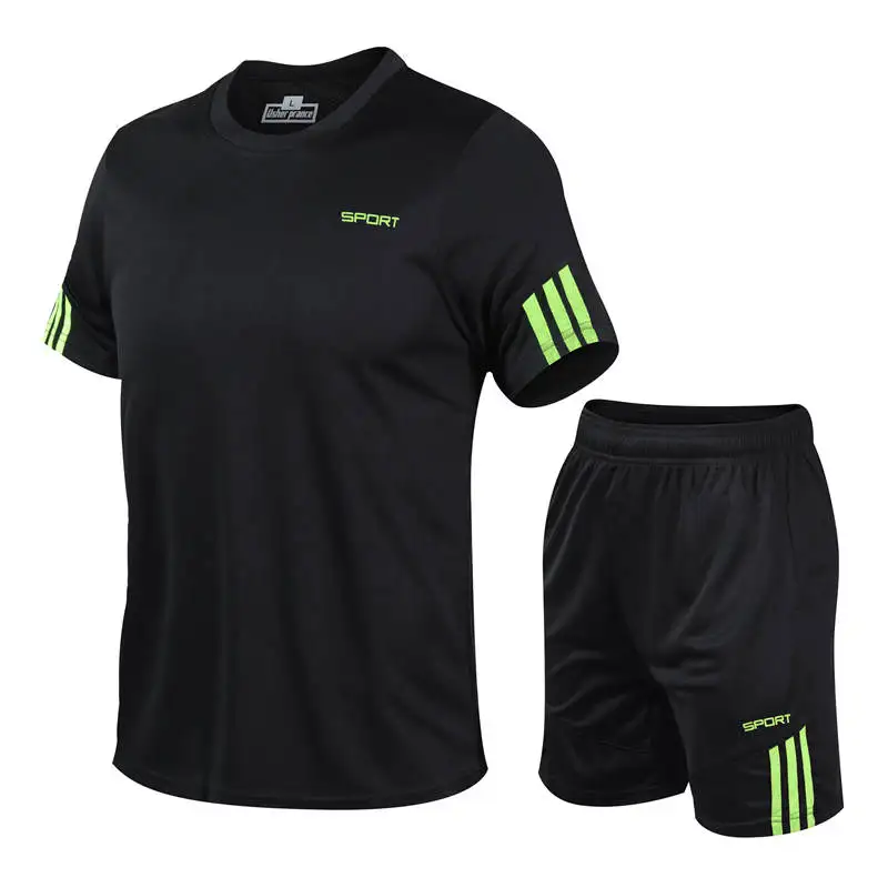 

Men's Quick Drying Set Sports T-shirt Shorts Solid Color Round Neck Short Sleeved Ice Silk Top Running Fitness
