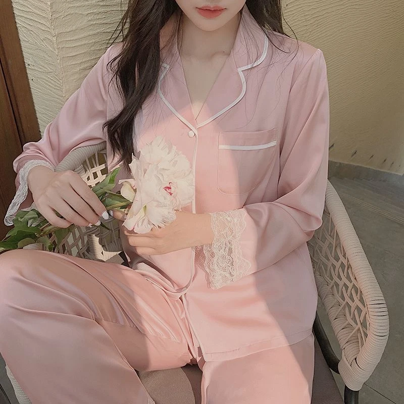 Spring Autumn New Ice Silk Soft Pajama Sets for Women Lace Lapel Cardigan Outfits for Women 2 Piece Set Sweet Pink Women Pajama