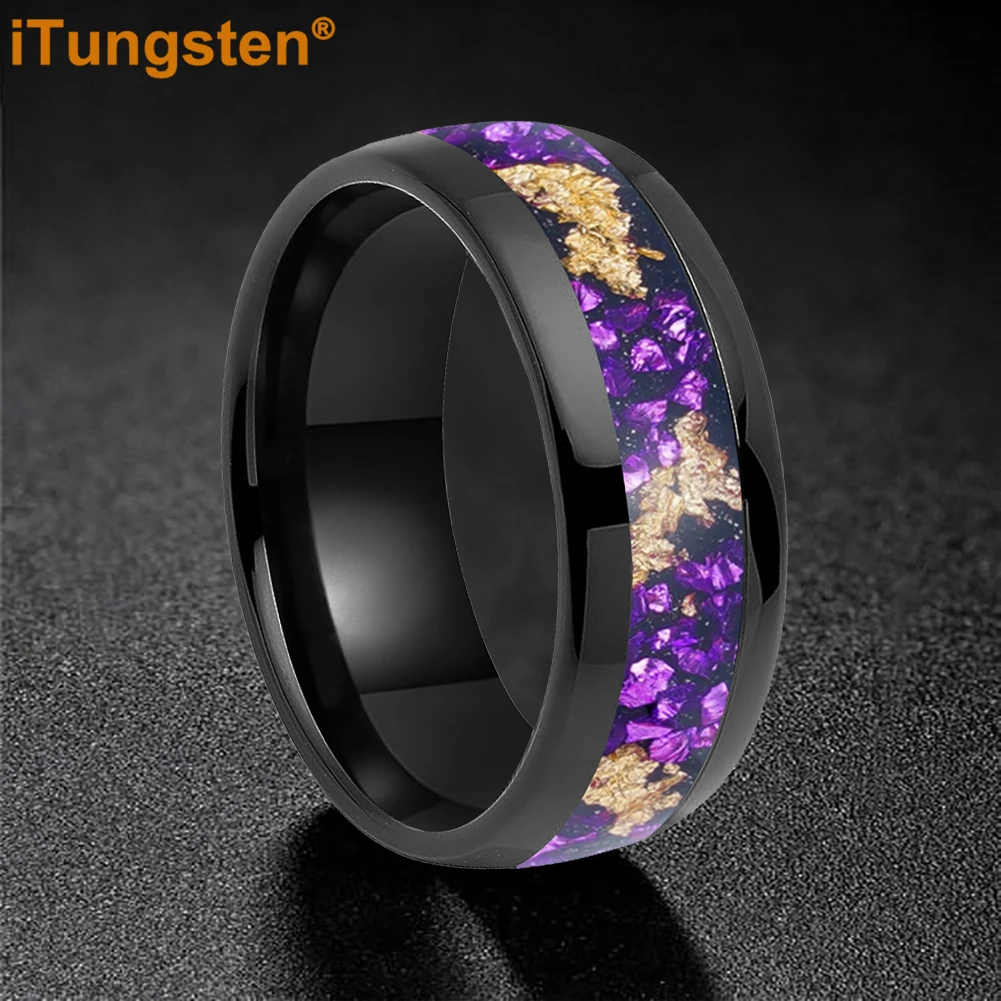

iTungsten 4/6/8mm Nice Engagement Wedding Band Tungsten Carbide Ring for Men Women Purple Crystal StoneGold Foil Inlay Polished