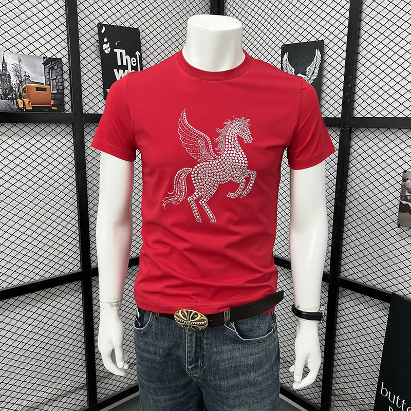 Men's T-shirt Crew Neck Short Sleeve Heavy Duty Rhinestone Horse Trendy Fashion Casual Slim Fit Youth Top Tees Male Clothing ﻿