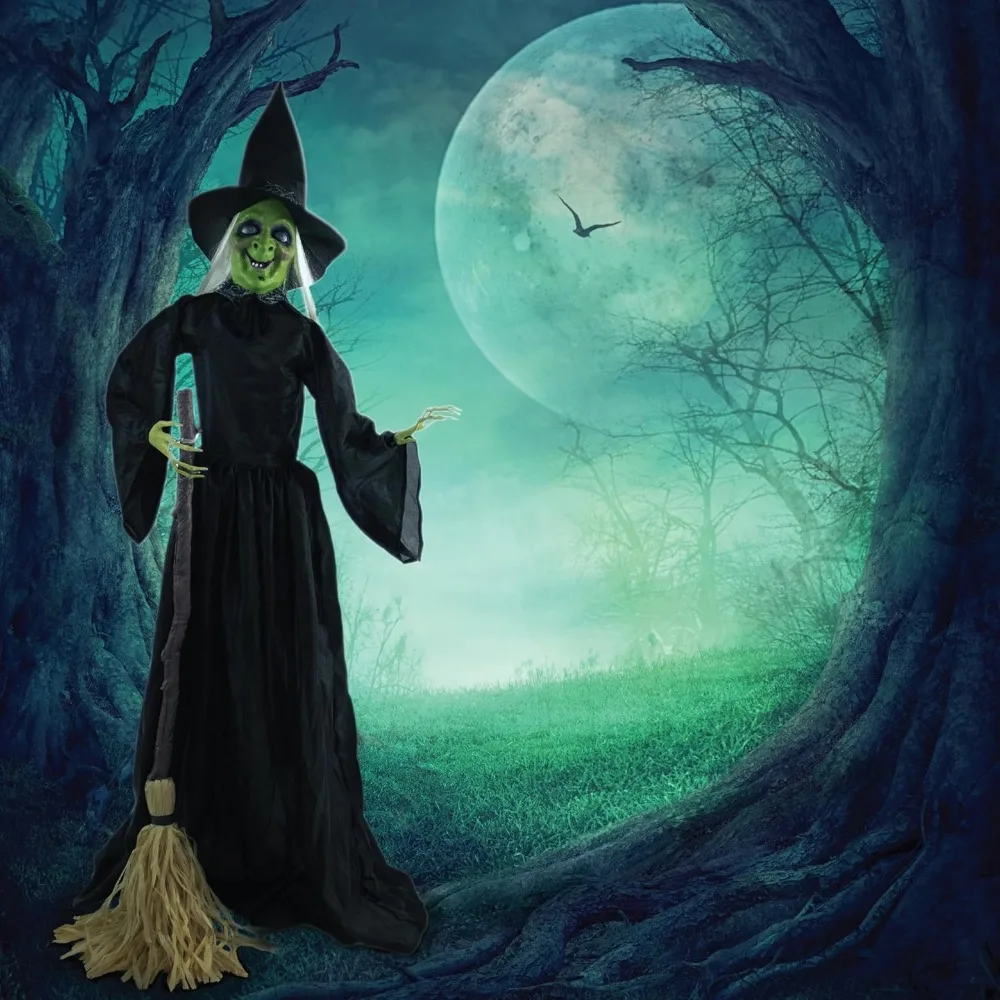 71-in. Witch with Broomstick Animatronic, Indoor/Outdoor Halloween Decor, Poseable & Talking Animated Halloween Prop
