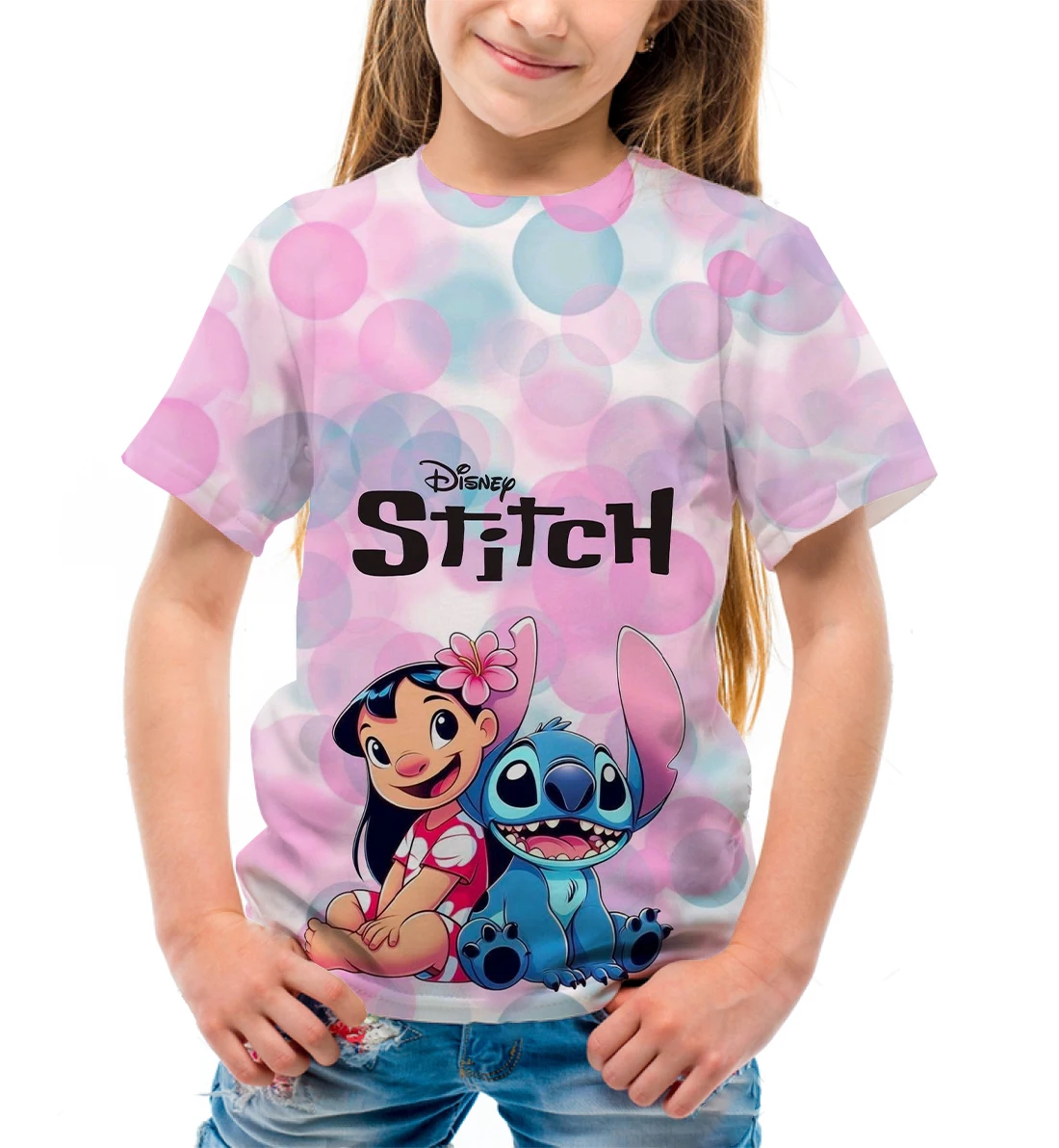 Party Girls Printed Cartoon Disney Stitch Summer Short Sleeve Round Neck Children's T-shirt Girls Gift Comfortable Dreamy