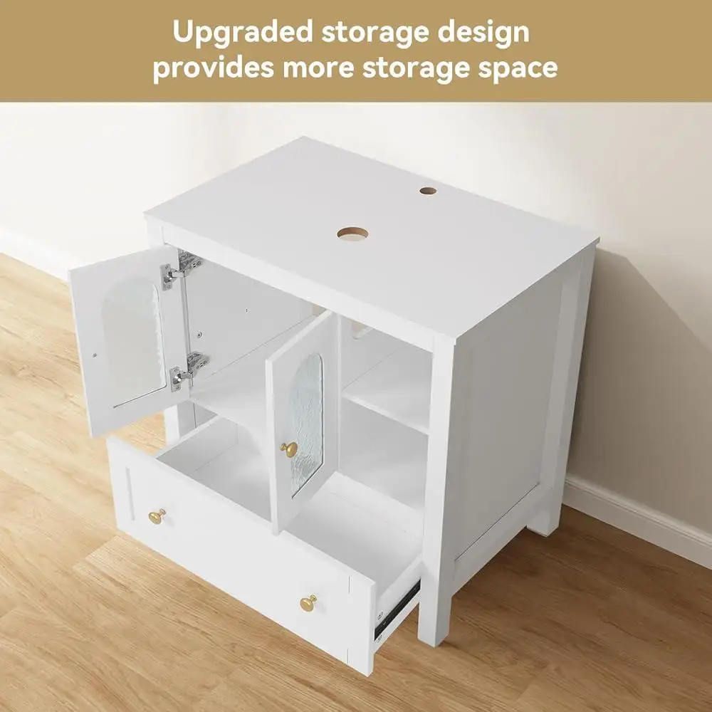 Vaidade de banheiro moderna de 30 polegadas com design de ondulação de água Armário resistente com tampo de pia de vidro de folha prateada