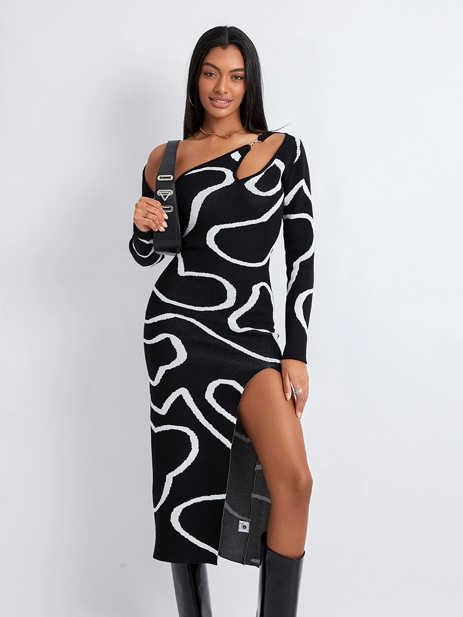 Frauen Jacquard schulter frei ausgehen Kleid voller Ärmel asymmetrische Bodycon Split Midi Kleid Streetwear