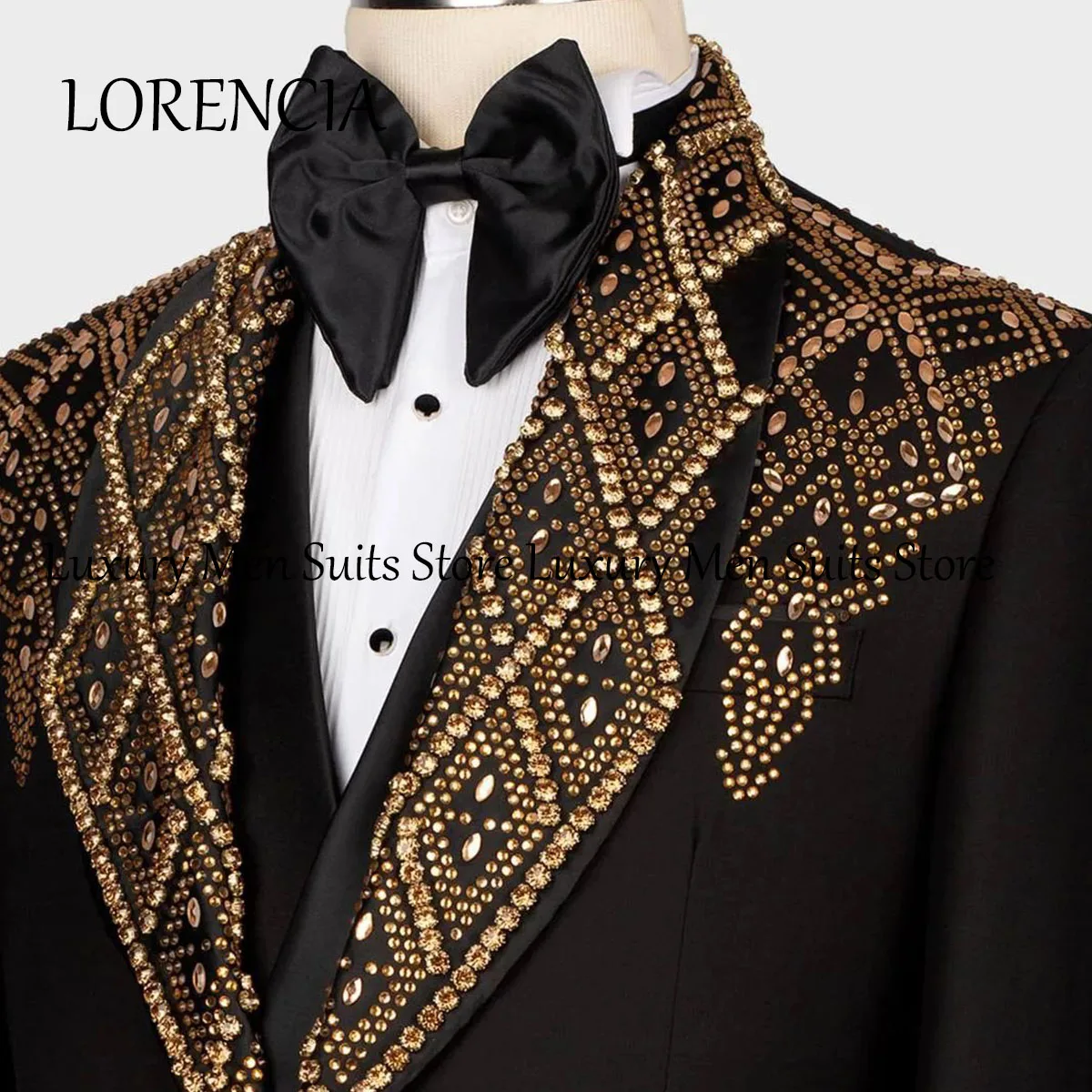 Formal 2024 Men Shawl Lapel Gold Rhinestone Embellished Suits Groom Wedding Tuxedos 3 Pieces Male Prom Blazers Costume Homme