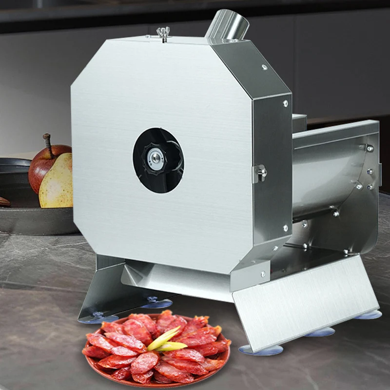 قطاعة متعددة الوظائف لقطع السجق والدوائر والحار ولحم الخنزير المقدد والنقانق والفواكه والخضروات الكهربائية المائلة الأوتوماتيكية