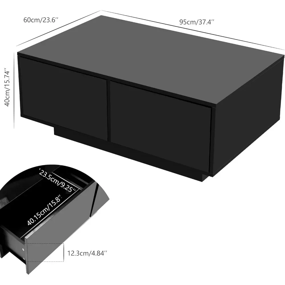 Mesa de centro LED com gavetas de armazenamento, mesa central moderna de alto brilho com luzes LED de 20 cores para sala de estar, mesa de centro