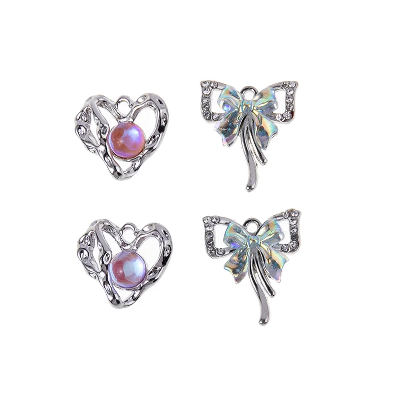 2PCS Silver Color Plated Alloy Bowknots Heart Charms Crystal Pendants For Bracelet Making Departments DIY Jewelry Accessories