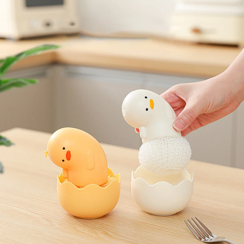 Kitchen Cleaning Pot Brush Cartoon Eggshell Ball Brush With Handle Dishcloth Doesn't Hurt Pots Removable Replacement Brush