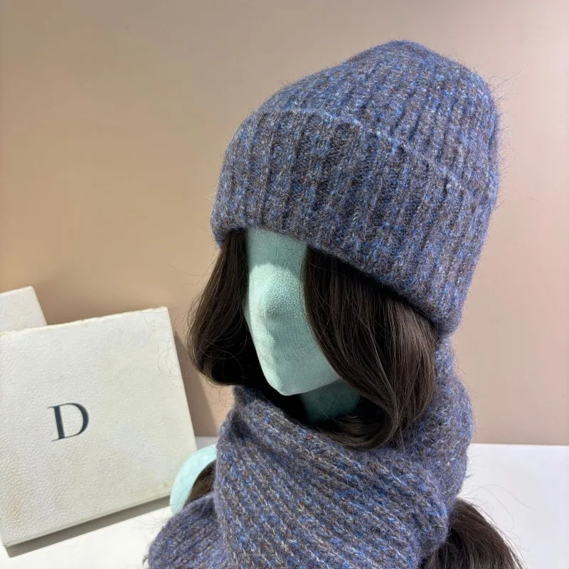 Women Winter Thick Angora Knit Beanie Scarf 2Pcs Set Warm Ear Protection Korean Hat Muffler Outdoor Cold Weather Accessories