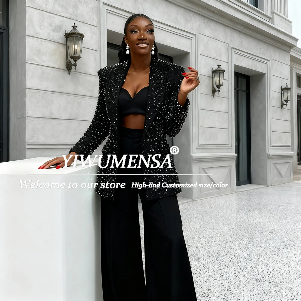Brilliant Diamond Beaded Suits Women 2 Pieces Sets Single Breasted Prom Blazers For Wedding Reception Party Tuxedos Customized