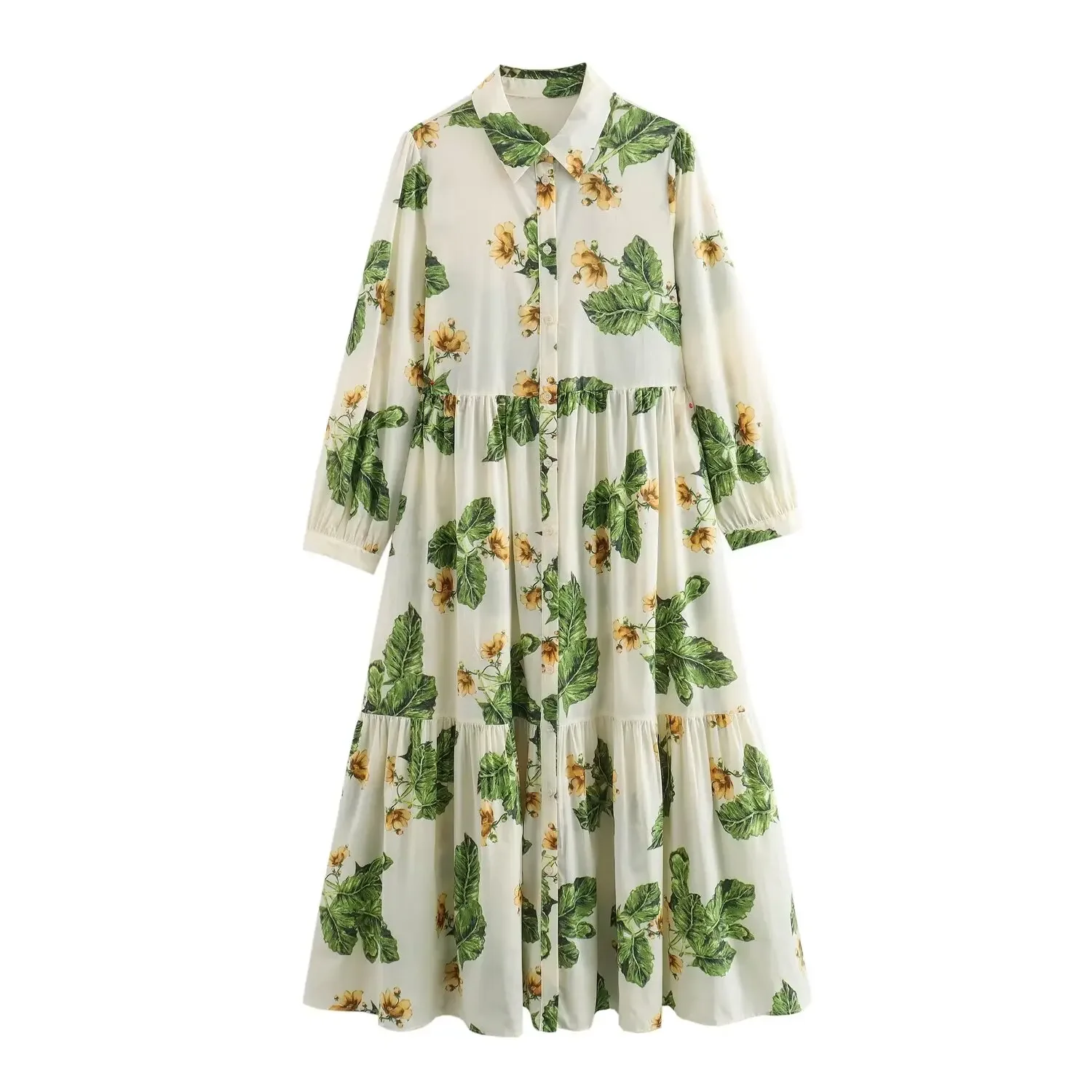 Vestido estampado floral de manga comprida feminino, estilo camisa retrô, moda chique, novo, 24