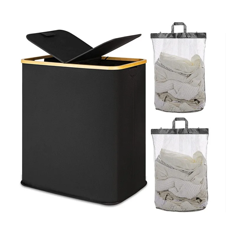 large Laundry Baskets with Lid Washing Baskets for Laundry with Handles Laundry Hamper with 2 Section inner Bag for Bathroom