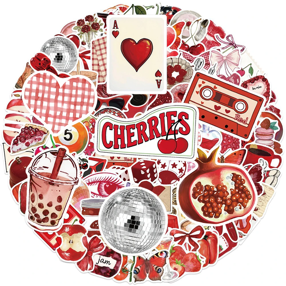10/30/50/100개 INS 스타일 레트로 레드 체리 감성 스티커 귀여운 소녀 데칼 장식 노트북 기타 전화기 귀여운 스티커