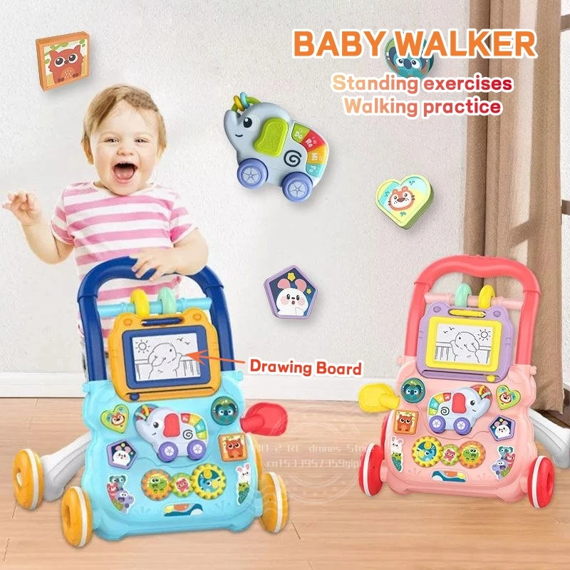 Baby Walker com música prancheta para crianças, exercícios em pé, prática de caminhada, brinquedo ccartoon, 6-15months