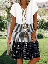 Summer-Essential V-Neck Dress: Striped & Polka Dot, Knee-High Casual Tunic for Women - Durable,Easy-Care Fabric