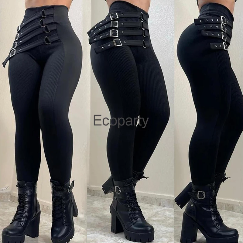 New Women's High Waist Pencil Pants Fashion Black Gothic Slim Leggings With Metal Buckle Y2k Vintage Trousers For Women