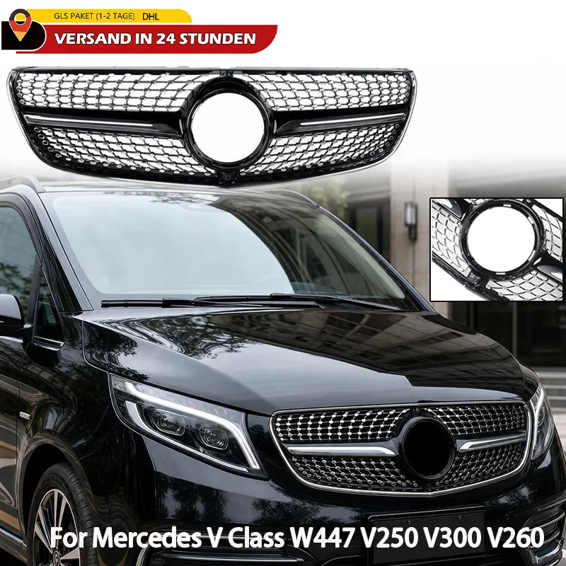 Geeignet für Mercedes Benz V-Klasse W447 2015 2016 2017 2018 2019-2023, Kühlergrill im Diamant-Stil, Frontgrill, Lufteinlassgrill, ähnlich für V250 V300 V260, Racing-Grill, Motorhaube,