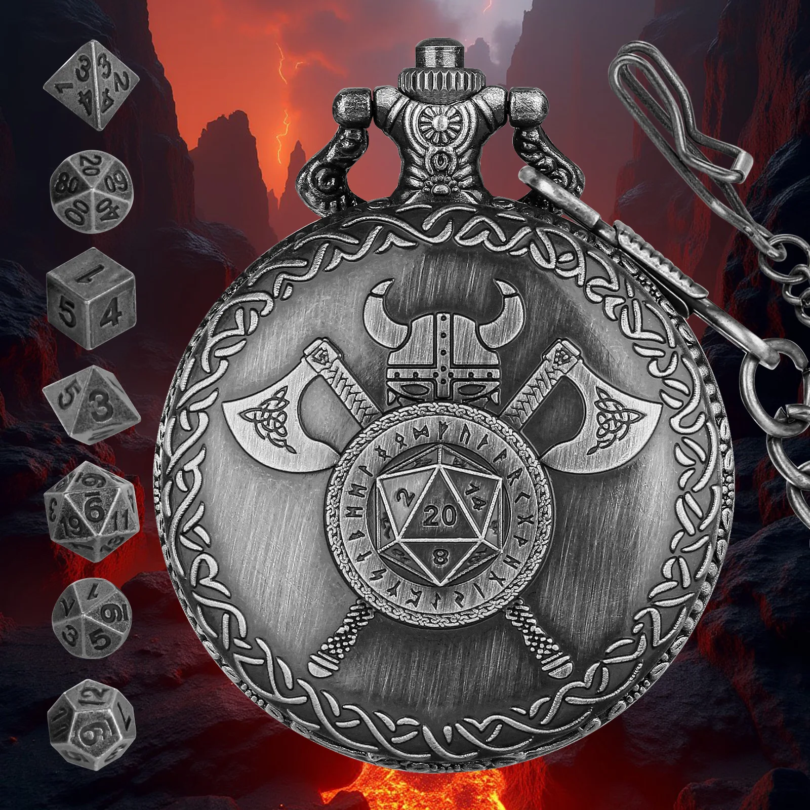 

Карманные часы с двойными осевыми циферблатами и набором миниатюрных многогранных кубиков для D&D, для игроков в ролевые игры