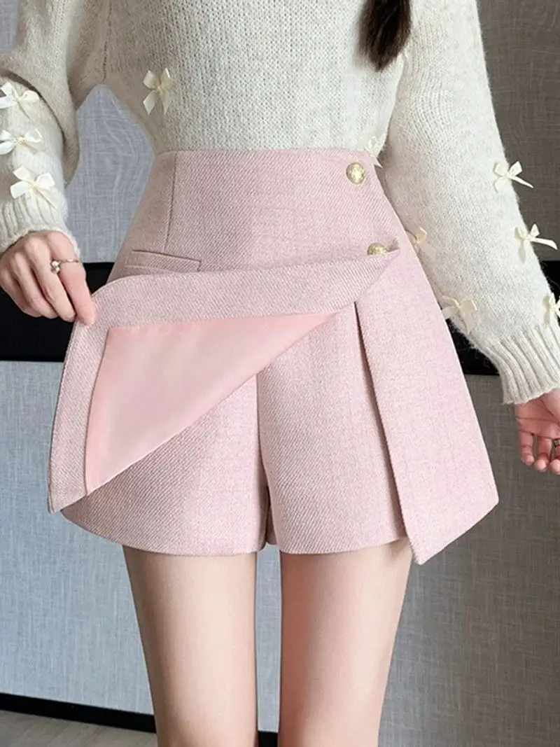 

Irregular Women's Fur Short Skirt Women Warm Plush Mini Winter Skirt with button Elegant Fashon Wooled Skirt Pants