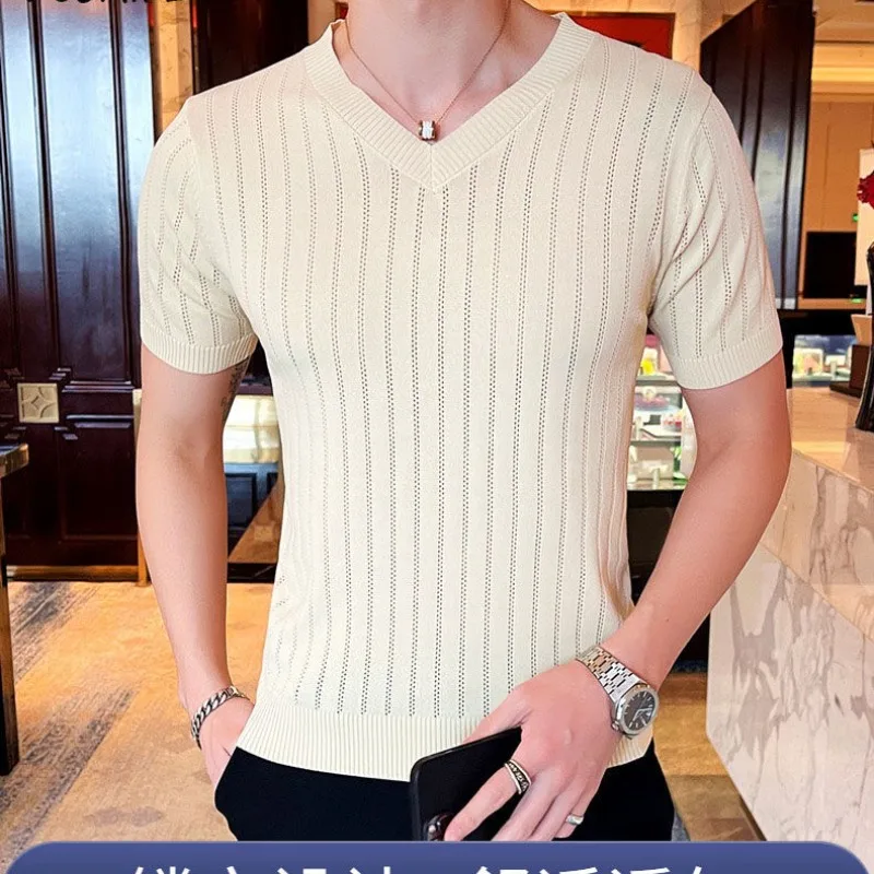 2024 Trend Summer Solid Color V-neck Hollow Out Men\'s Casual Thin Ice Silk Fabric Fashion Short Sleeve Slim Knitted T-shirt Tops