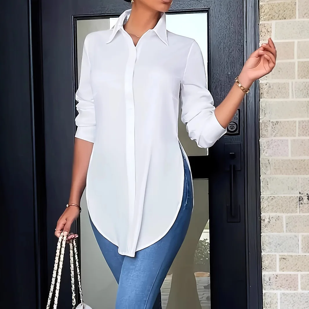 

Fashion Long Sleeve Women Shirt White Buttons Tops And Blouses Spring Casual Office long Top Femme Blouse Print Shirt