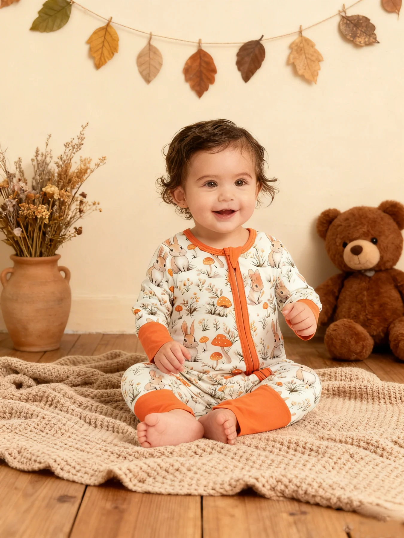 Ultraweicher Baby-Strampler aus Bambusfaser mit Reißverschluss, geeignet für drinnen und draußen.