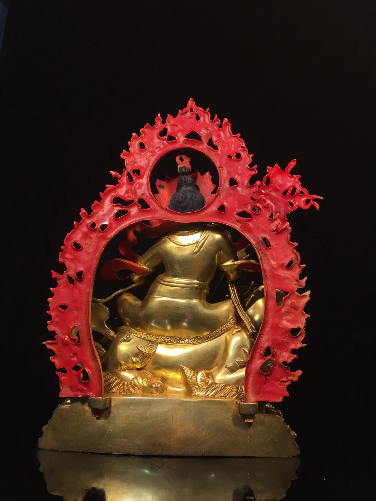 13”Old Xizang Folk Collection Old Bronze Gilded Painted Face Vaisravana Treasure King Buddha ride Animals Backlight worship ha
