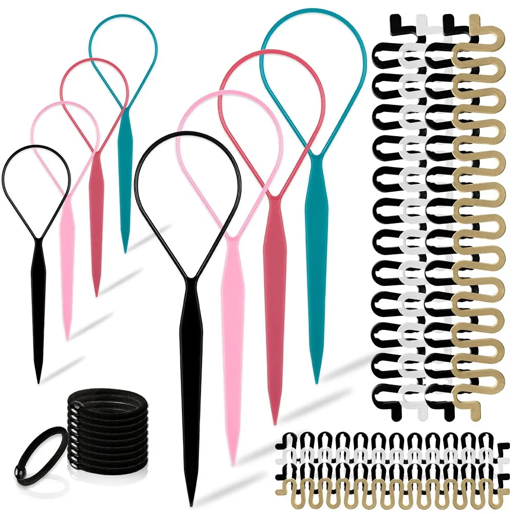 Hair Braiding Tools Kit with Topsy Tail Loopers French Braiders Hair Styling Tools for Women Girls Create Easy Ponytails Braids Buns Updos Complete Hairdressing Accessories Set for Home Salon Use