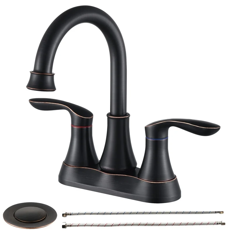 

4-Inch Oil Rubbed Bronze Bathroom Faucet with Pop-Up Drain and Supply Hoses