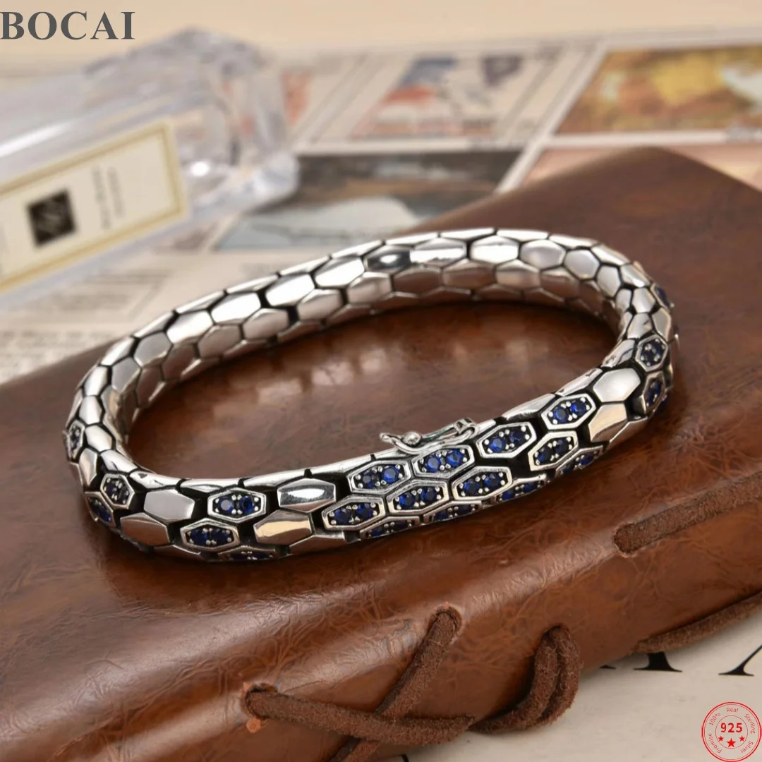 BOCAI S925 Sterling Silver Charms Bangle for Men Women Antique Snake Pattern Micro Blue Zircon Punk Bracelet Fine Choice Jewelry