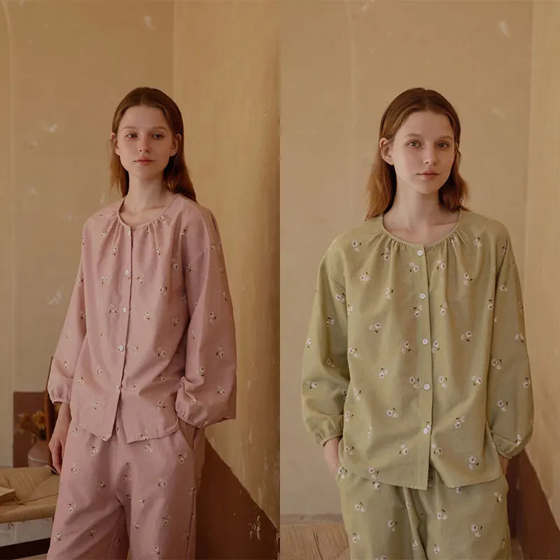 

Женская осенняя ночная рубашка из матового хлопка с длинными рукавами, простая пижама из двух предметов с круглым вырезом и принтом, повседневные длинные брюки, одежда для сна PYJS