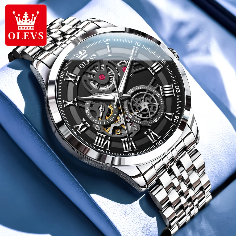 OLEVS Men's Watches 7076 Trend Fashion Hollow-out Dial Original Automatic Mechanical Watch for Man Double Scale 24h Waterproof