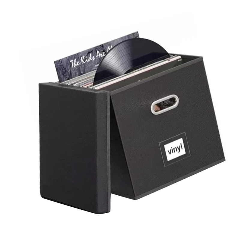 Lidded Record Collection Storage Case for Media Room Shelves, Stackable Album Holder for Cabinets, Black Leather-Look Home F19E