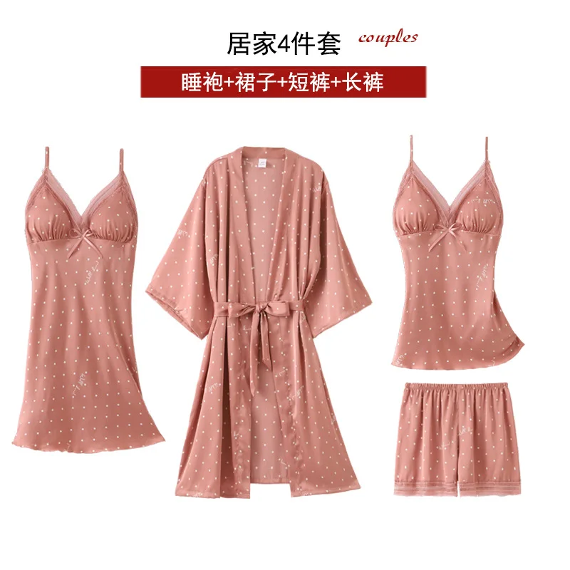 FZSLCYIYI Women\'s Pajamas Silk Polka dot 5Pcs set nightwear Satin Pajamas Sexy Lace Pyjama Nightie Sleepwear Home Clothes