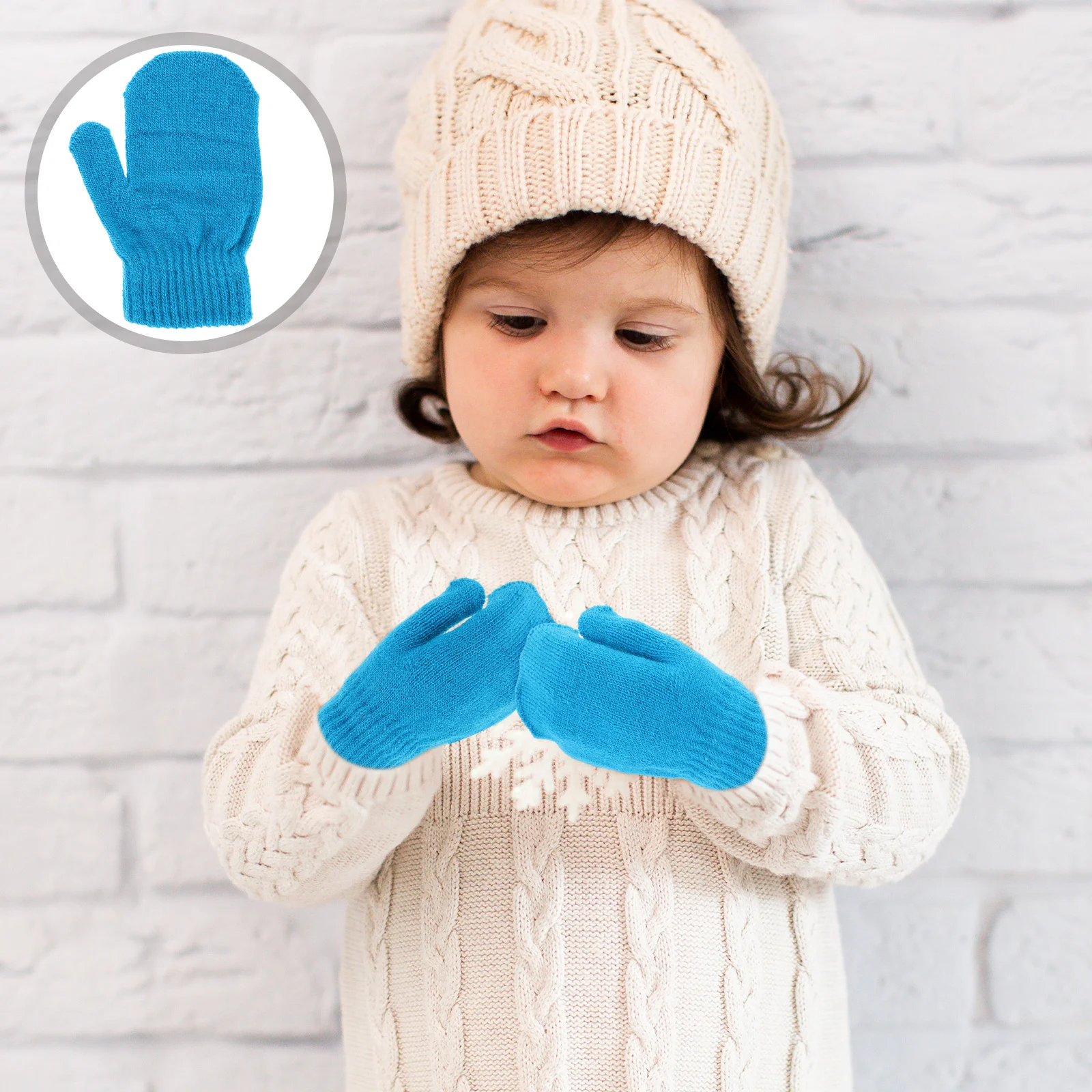 

Kids Winter Warm Knitted Mittens Thickened Design Elastic Cuff for Toddlers Baby Girls Boys Solid Color Style Blue