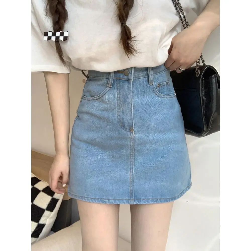 

Sweet Style Black Denim Skirt A-Line Wrap Body High Waist Anti-Light Half-length Skirt for Short Women Summer Casual Cot...