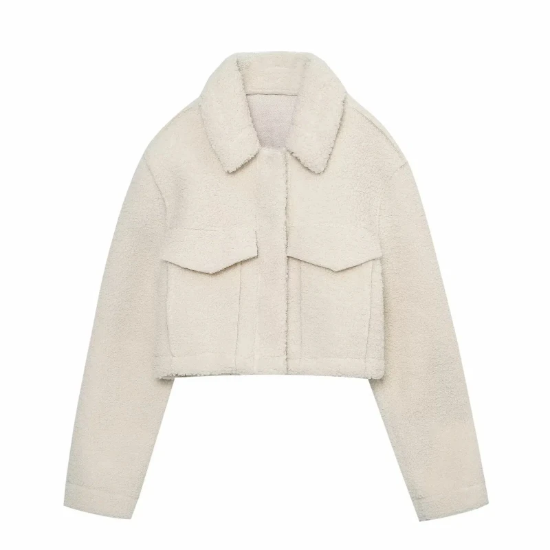 2024 moda feminina quente pele do falso recortado gola flip jaqueta curta casaco vintage manga longa bolso feminino outerwear chiques topos