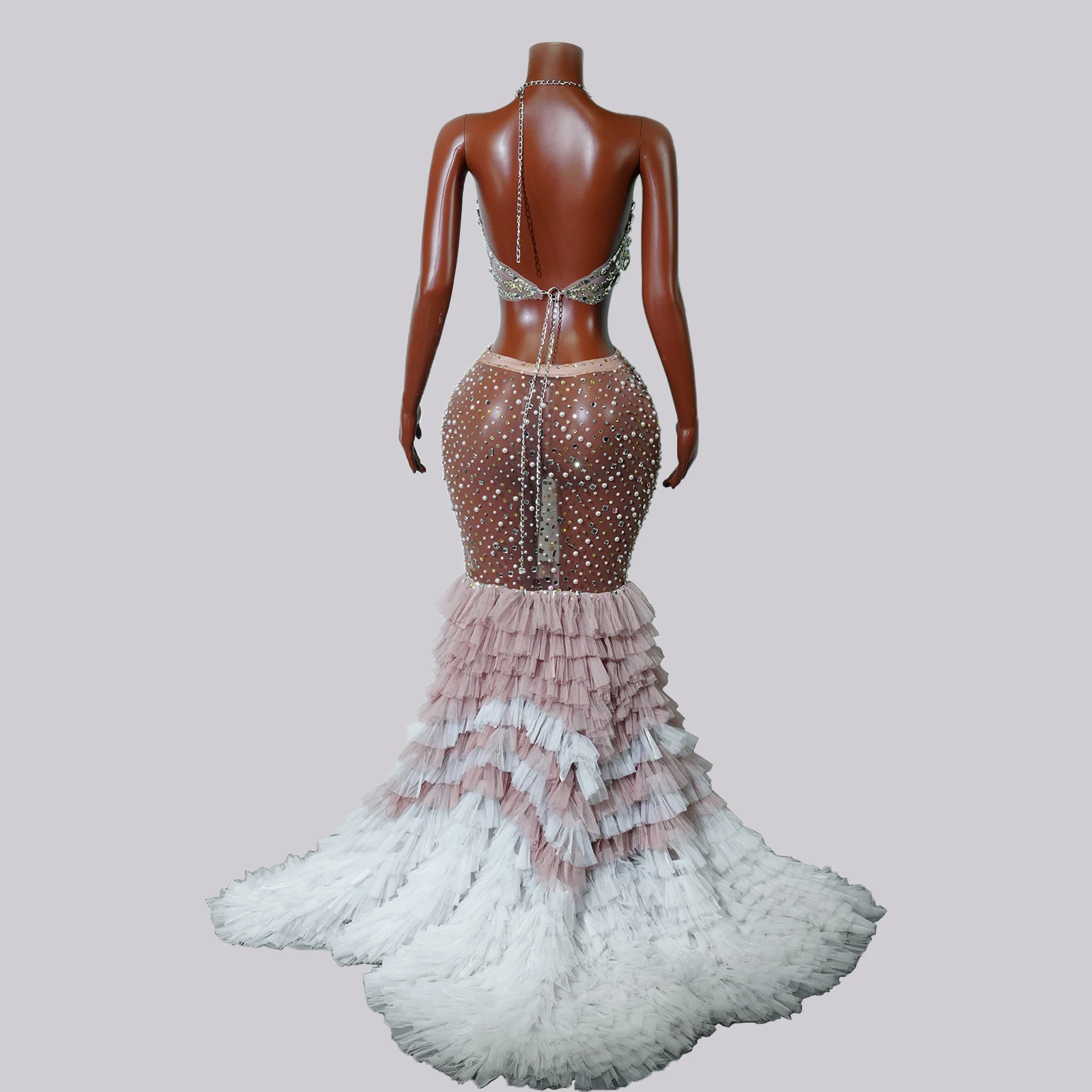 Glitter zilveren strass jurk 2-delig doorzichtig mesh kant vieren drag queen podiumkleding avondfeest zanger showkostuum