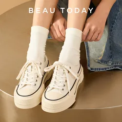 BEAUTODAY Canvas Shoes Women Genuine Cow Leather Solid Color Spring Outdoors Lace-up Ladies Shoes Handmade 29248