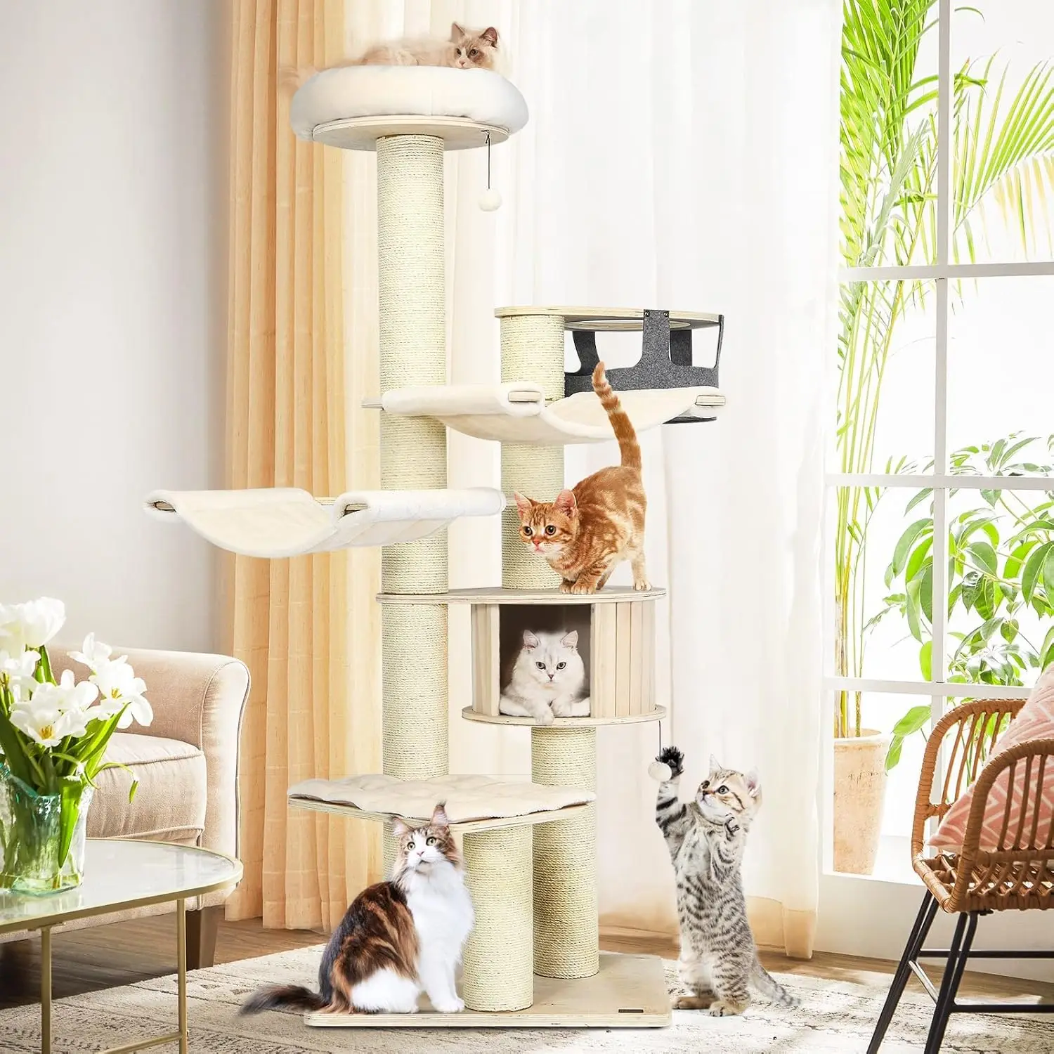 Tangkula Large Cat Tree, Multi-Level Tall Cat Tower with Sisal Scratching Posts, Hammocks, Hanging Basket, Cat Condo