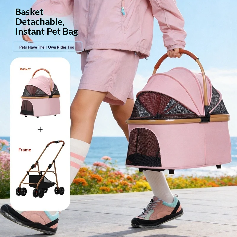 New Detachable Pet Stroller with Swivel Front Wheels-Lightweight Portable Foldable Four-Wheel Design for Dogs & Cats