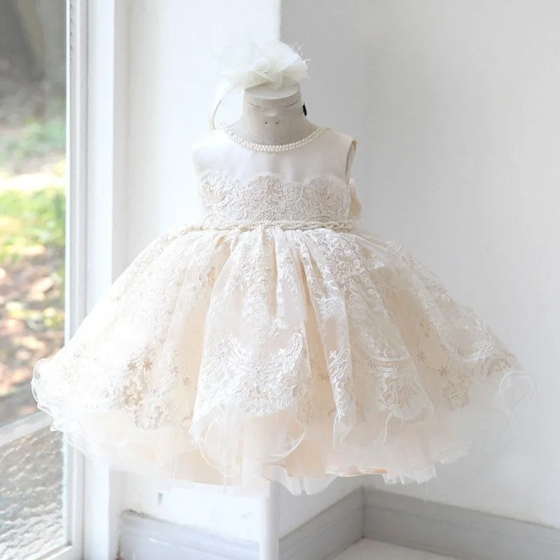 2023 Newest Girls Children Party Lush Princess Lace Tulle Dresses Toddler 1st Birthday Banquet Stylish Kids Sleeveless Gowns